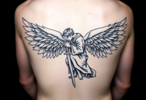 Angel with long sword cloaked kneeling looking down wings spread tattoo idea