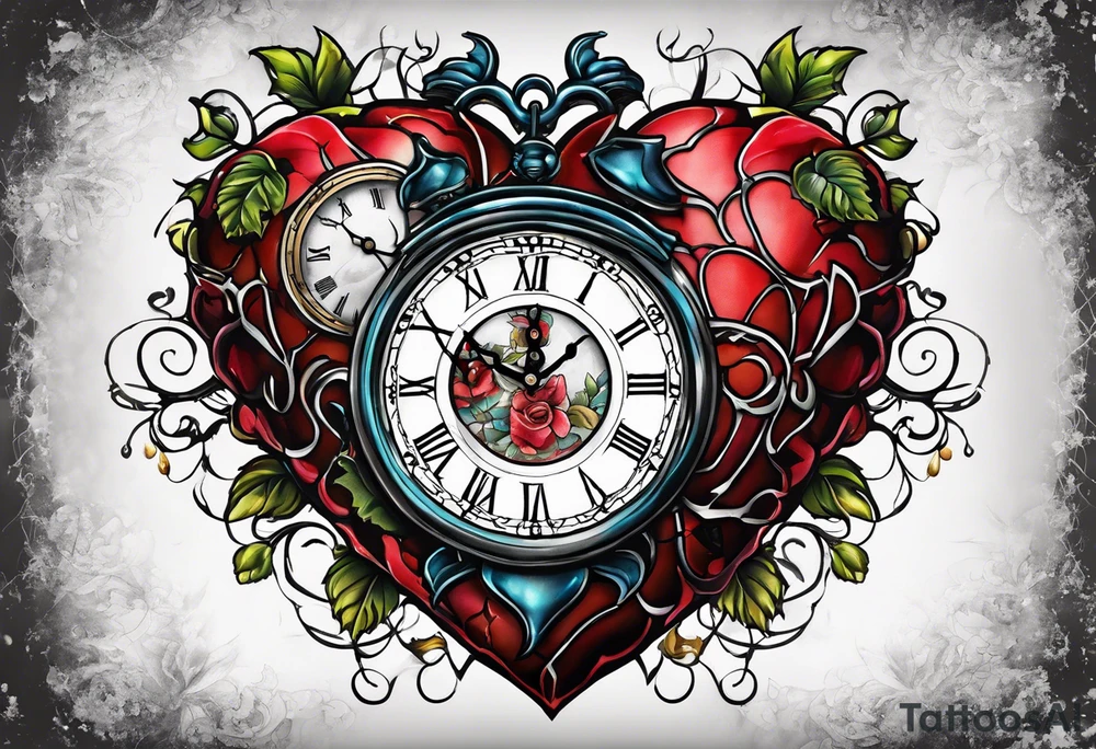 anatomical heart with clock in middle.
Clock hands on 8 and 5.
Never Say Never written on tattoo tattoo idea