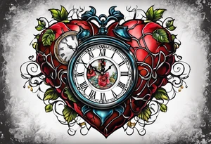 anatomical heart with clock in middle.
Clock hands on 8 and 5.
Never Say Never written on tattoo tattoo idea