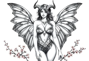 Hottest depiction of a starter the goddess of Love and war nude with see-through exotic lingerie at sunset with cherry blossoms with angel wings resembling a lunar moths also horns resembling antenna tattoo idea
