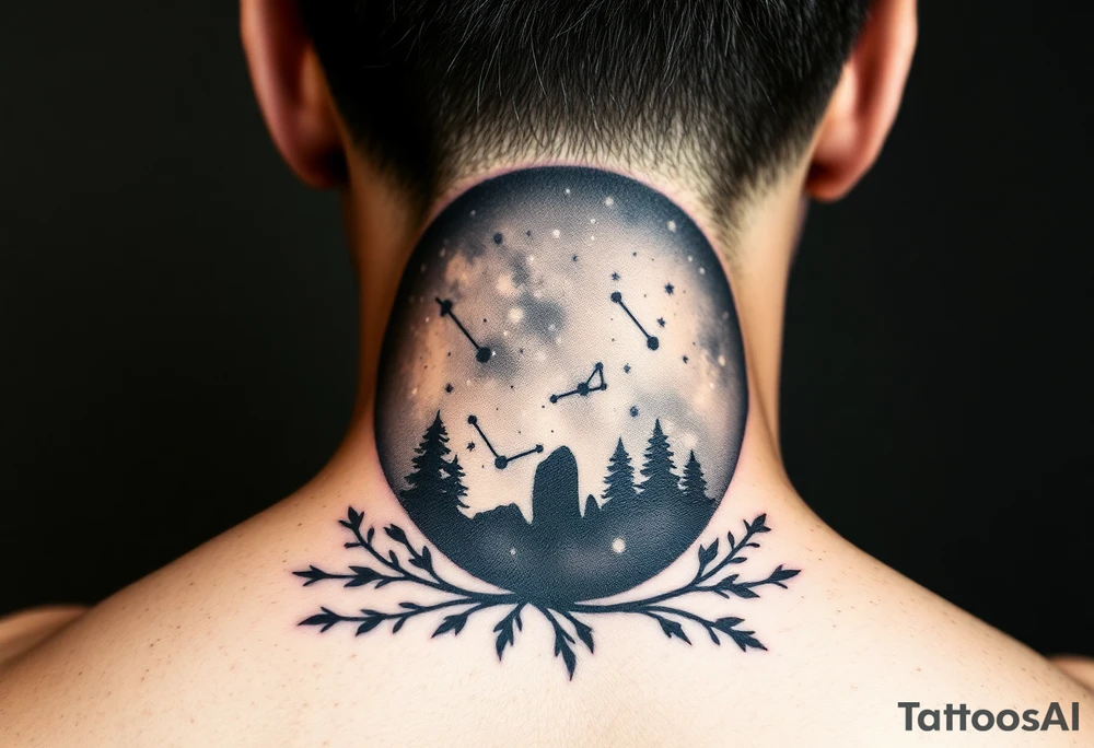 Night sky with a constellation seen through a frame of natural
silhouette tattoo idea
