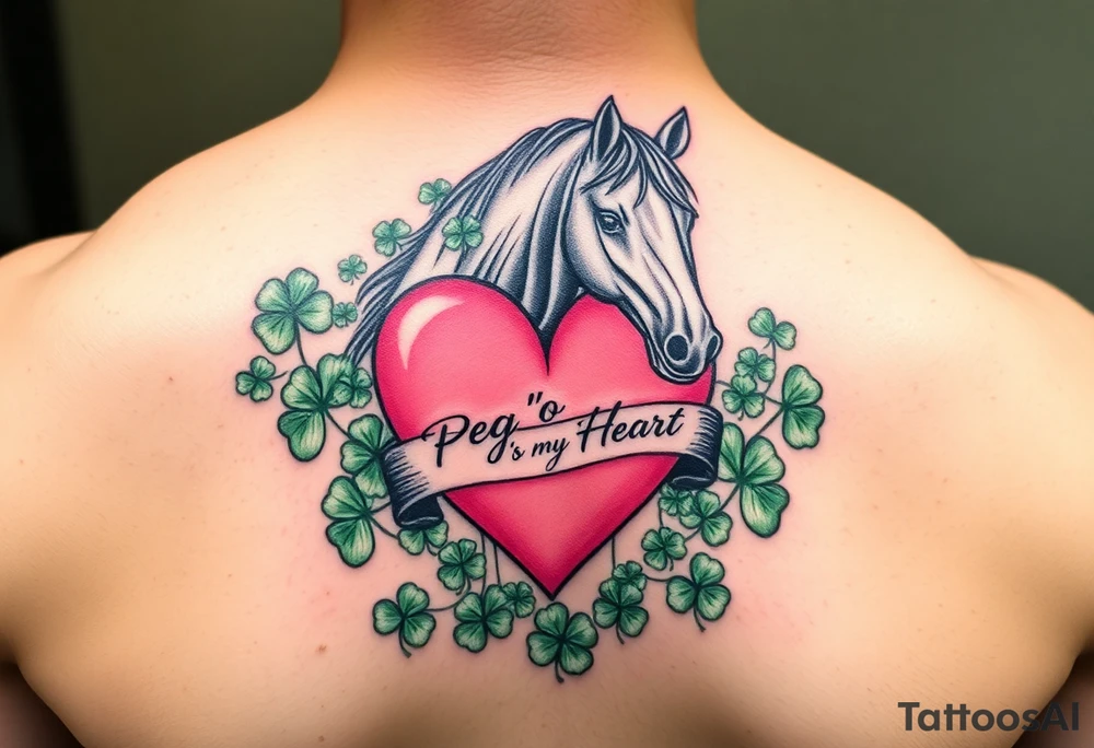 A lot of green shamrocks & a horse with a big Pink heart and a banner across the heart that says Peg 'o My Heart tattoo idea
