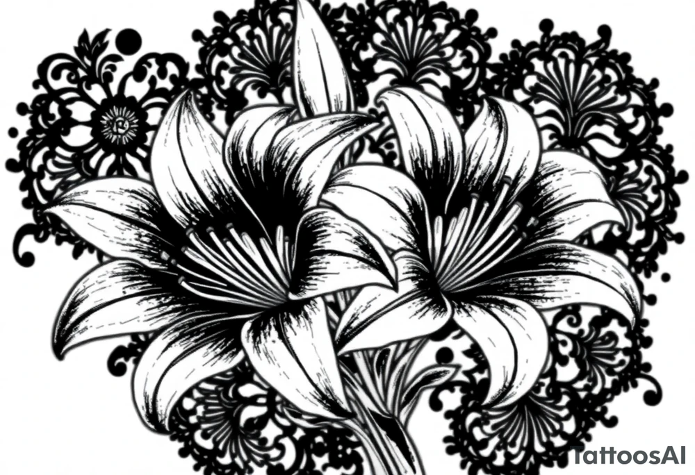 Lillies with dark and filigree patterns in background tattoo idea