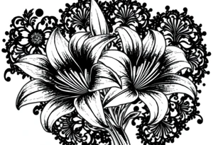 Lillies with dark and filigree patterns in background tattoo idea