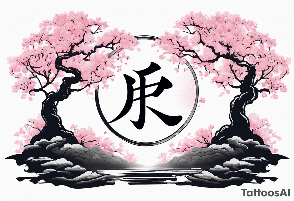 A circle of mist with cherry blossom trees on the left side growing upwards and downwards with the shadow kanji letter in the middle of the circle tattoo idea