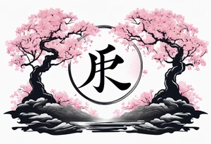 A circle of mist with cherry blossom trees on the left side growing upwards and downwards with the shadow kanji letter in the middle of the circle tattoo idea