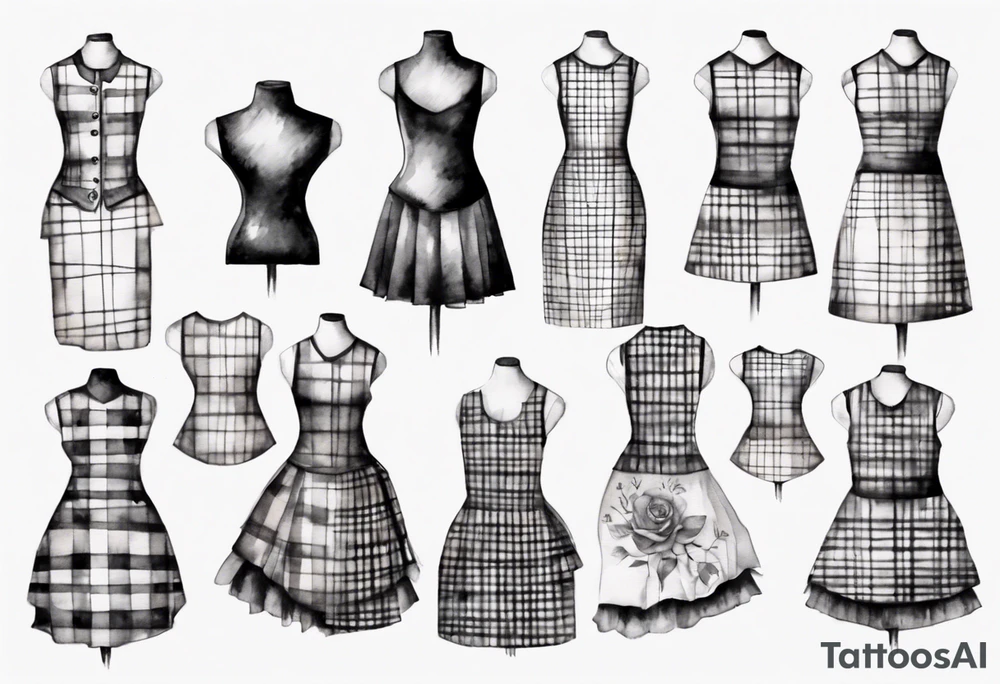 Tailor's mannequin with a little girl's plaid dress consisting of skirt and vest on top. Watercolour style tattoo idea