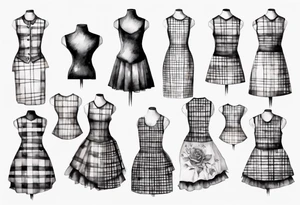 Tailor's mannequin with a little girl's plaid dress consisting of skirt and vest on top. Watercolour style tattoo idea