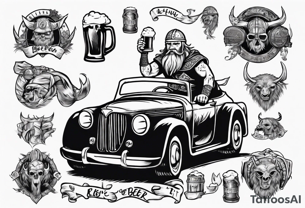 A Viking driving an old vintage car holding a beer tattoo idea
