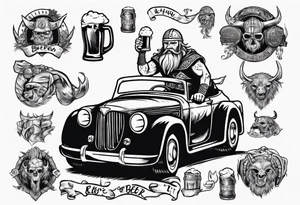 A Viking driving an old vintage car holding a beer tattoo idea