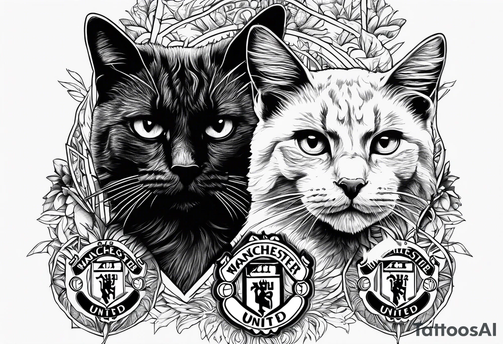Manchester United, two cats, God, edm, all combined into one art tattoo idea