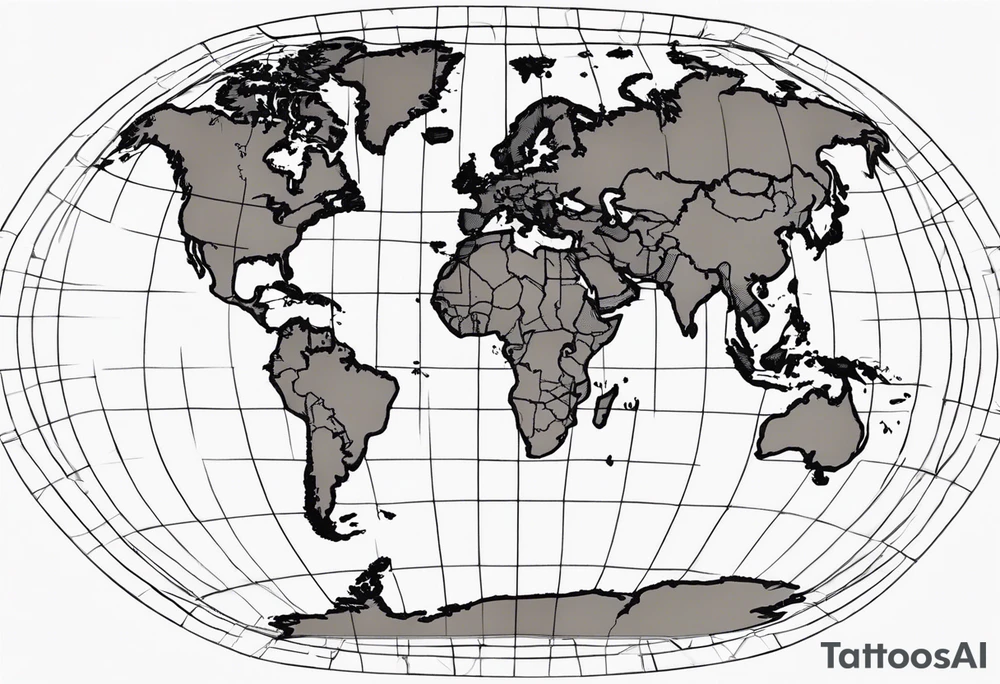 the earth on a flat map with light fading shading placed on a grid with only the lines with accurate depictions of the borders in countries while having it in an oval/circular position on a grid without any borders on the sides tattoo idea