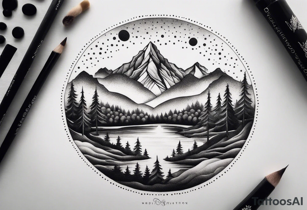 Design a symmetrical tattoo featuring a serene mountain landscape with a winding river and delicate trees, creating a balanced and harmonious composition tattoo idea