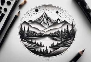 Design a symmetrical tattoo featuring a serene mountain landscape with a winding river and delicate trees, creating a balanced and harmonious composition tattoo idea