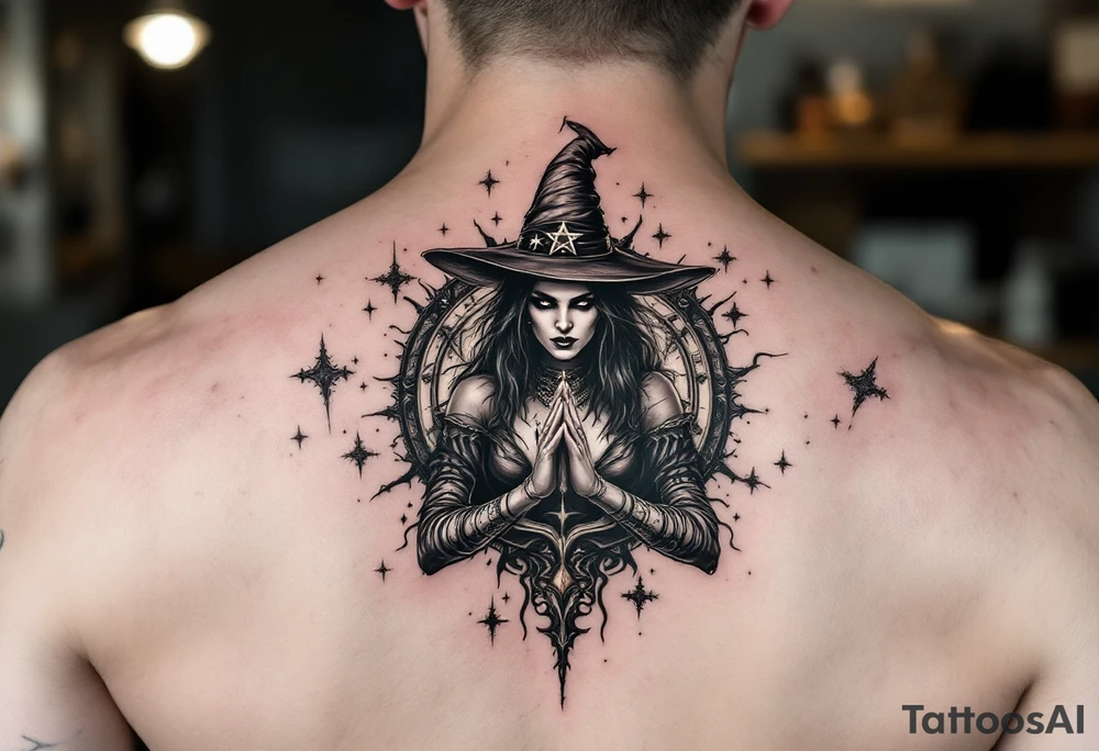 powerful wicca witch surrounded  with magic tattoo idea