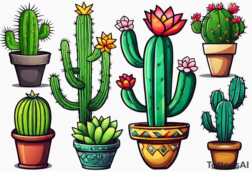 Cartoon style cactus tattoo idea