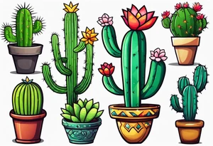 Cartoon style cactus tattoo idea
