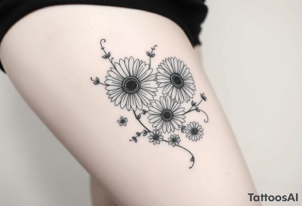 Fine line flower tattoo with three gerbera daisies along with smaller regular daisies and maybe other flowers or vines. Mix in a Celtic Serch Bythol symbol somehow and some fine line swirls, tendrils, or spirals as needed tattoo idea