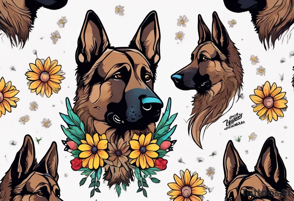 Dark Brown German shepherd portrait surrounded by  daisies brightly colored tattoo idea