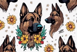 Dark Brown German shepherd portrait surrounded by  daisies brightly colored tattoo idea