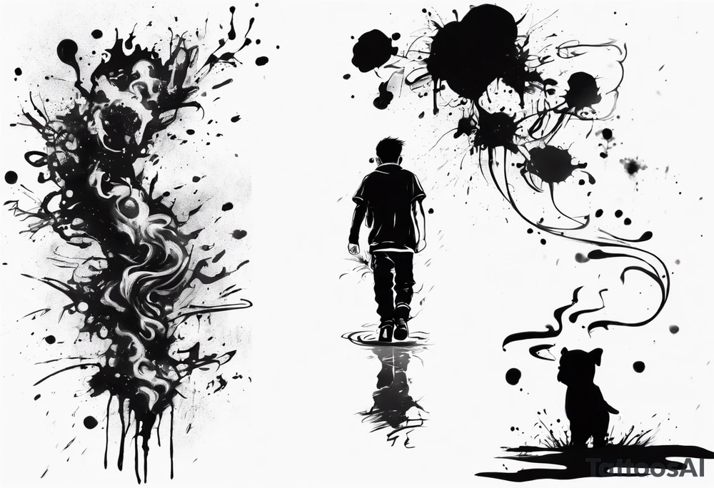 Paint splash drawing a lost boy walking alone tattoo idea
