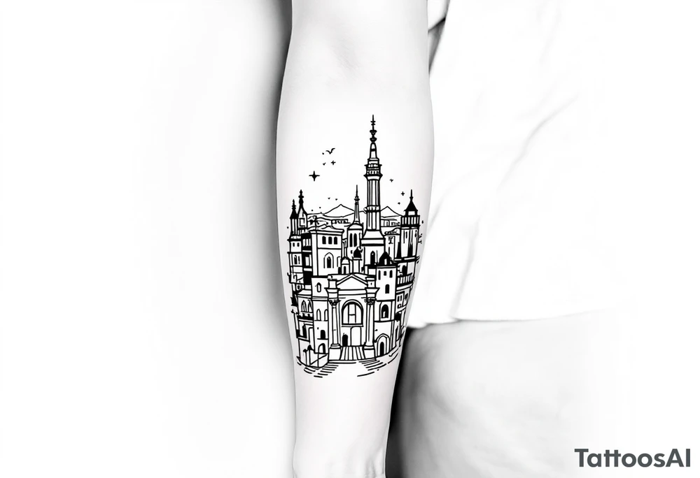 Creative Barcelona cityscape leg sleeve tattoo idea