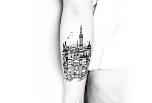 Creative Barcelona cityscape leg sleeve tattoo idea