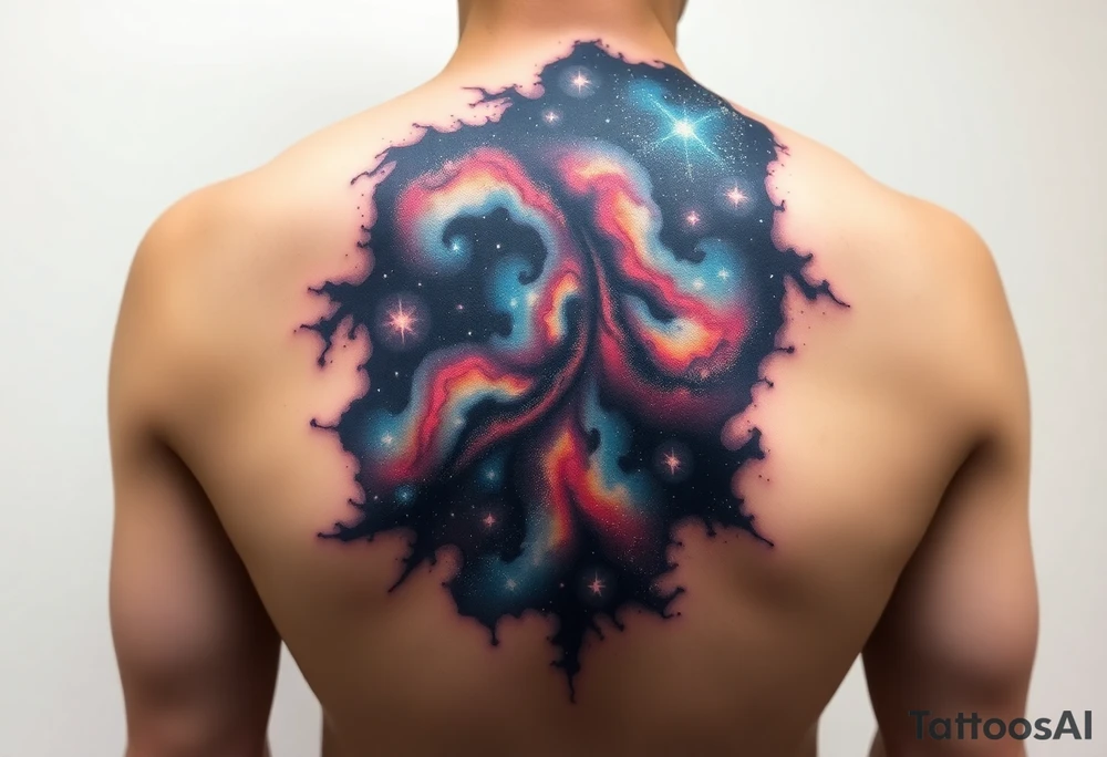 Beautiful and epic 3d milky way that appears to be what is beneath the skin. Make it drape over the shoulder and move to the middle back. use negative spaces to create stars and dust. Incorporate God breathing life into the universe. Keep it symmetrical tattoo idea