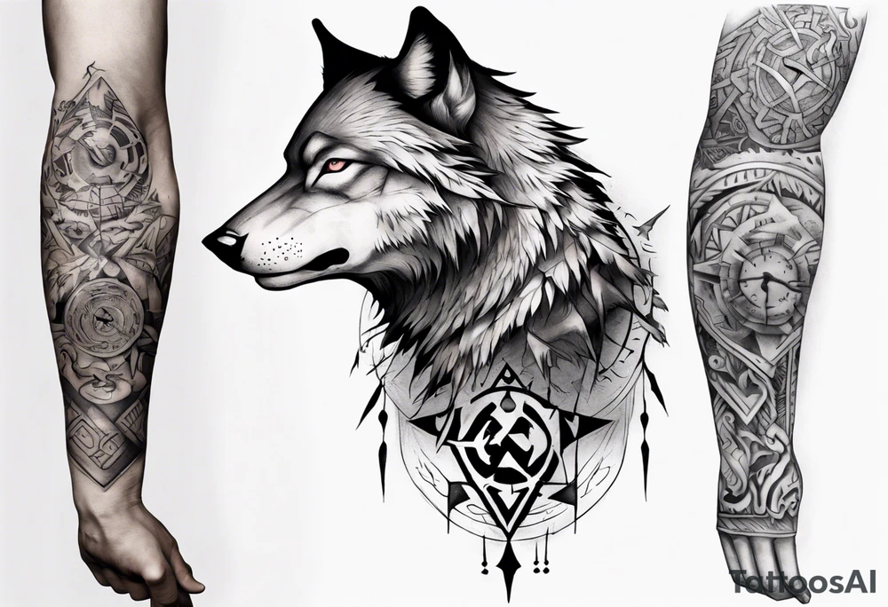 want a half sleeve on my left forearm featuring a side profile of wolf with a vegvisir for its eye, incorporating Māori patterns tattoo idea