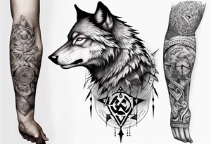 want a half sleeve on my left forearm featuring a side profile of wolf with a vegvisir for its eye, incorporating Māori patterns tattoo idea