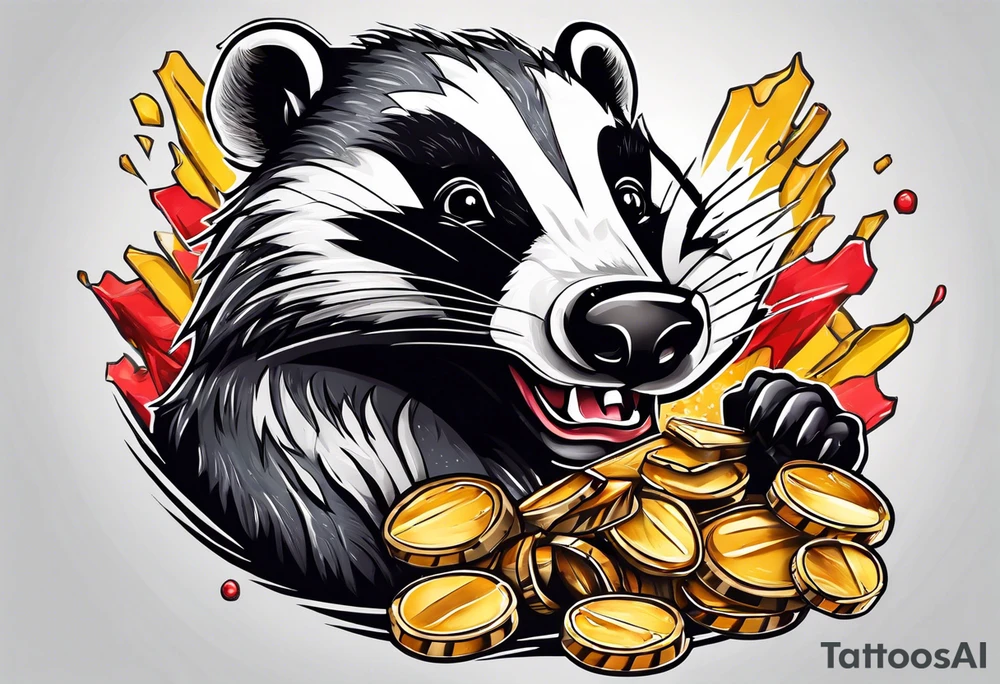 Angry badger with mouth open holding chips tattoo idea