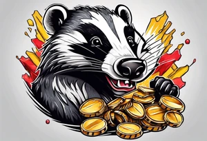 Angry badger with mouth open holding chips tattoo idea