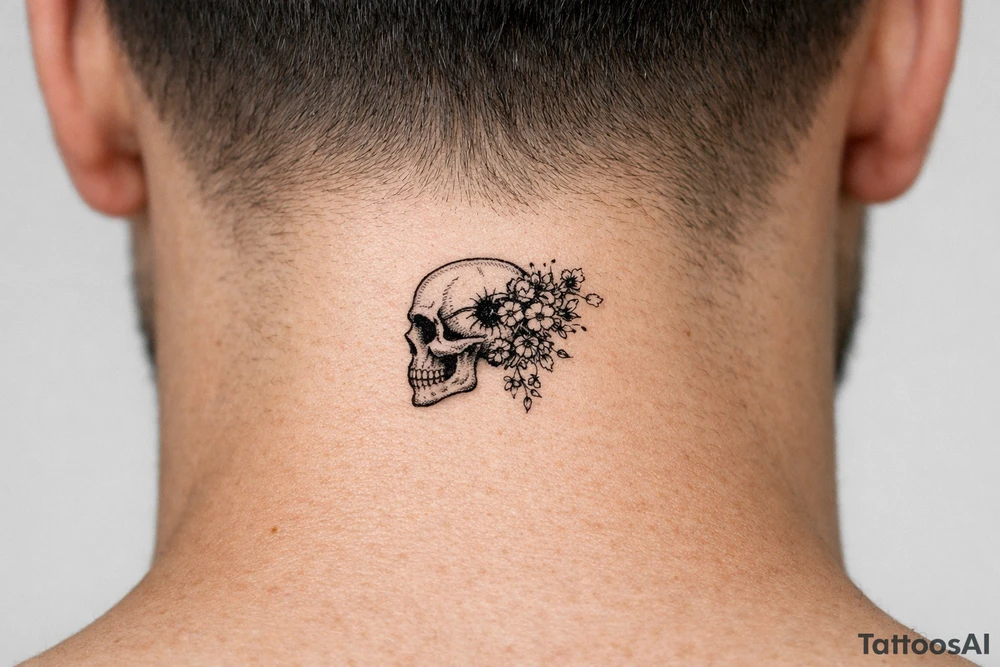 Hyperrealistic skull in profile, bullet impact, vibrant wildflowers cascade from opening. tattoo idea