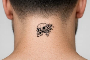 Hyperrealistic skull in profile, bullet impact, vibrant wildflowers cascade from opening. tattoo idea