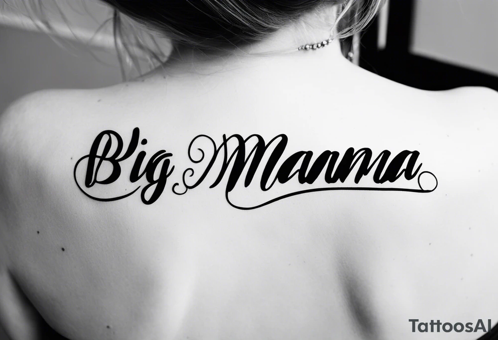 A tramp stamp tattoo of the words “Big Mama” with clean simple script font with delicate underlining and/or subtle embellishments for a more understated approach tattoo idea