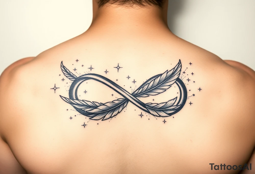 infinity symbol woven with floating feathers and stardust tattoo idea