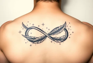 infinity symbol woven with floating feathers and stardust tattoo idea