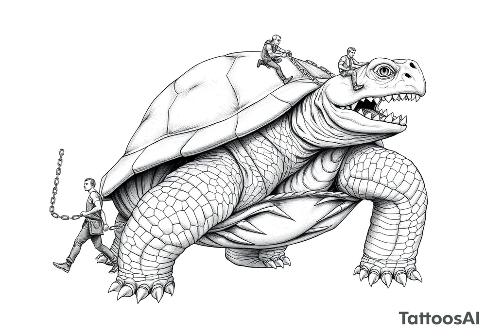 A giant man walking 2 slaves on a chain leash and chains on the back legs of an angry turtle with huge teeth with a little man riding on his back tattoo idea