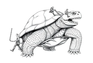 A giant man walking 2 slaves on a chain leash and chains on the back legs of an angry turtle with huge teeth with a little man riding on his back tattoo idea