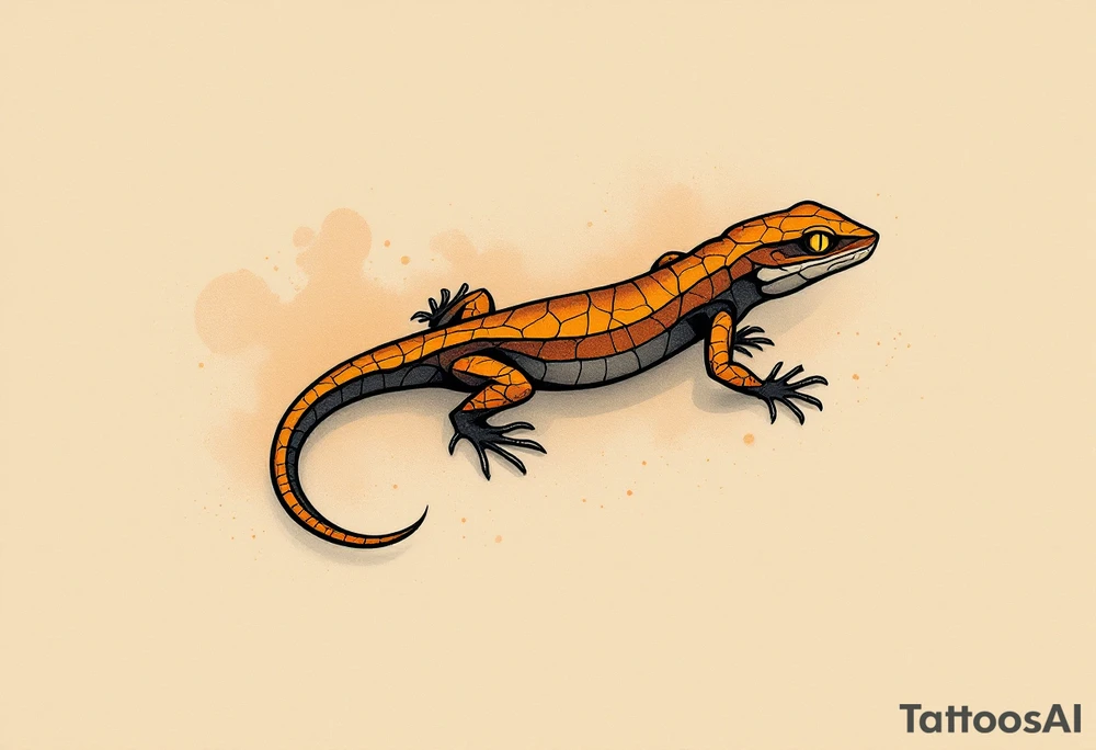 Tribal desert lizard with cracked earth texture – A sleek, agile lizard in motion, designed with tribal curves and sharp angles along its spine. Its skin mimics the pattern of sunbaked, cracked earth, blending tones of burnt orange, dusty brown, and charcoal black. The tail coils elegantly, forming a spiral, while the eyes gleam in golden yellow, symbolizing survival, transformation, and primal instincts. tattoo idea