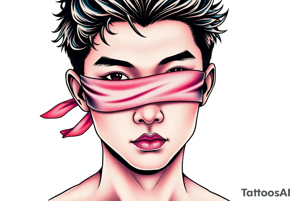Handsome Asian young guy with 
 eyes covered with a ribbon tattoo idea