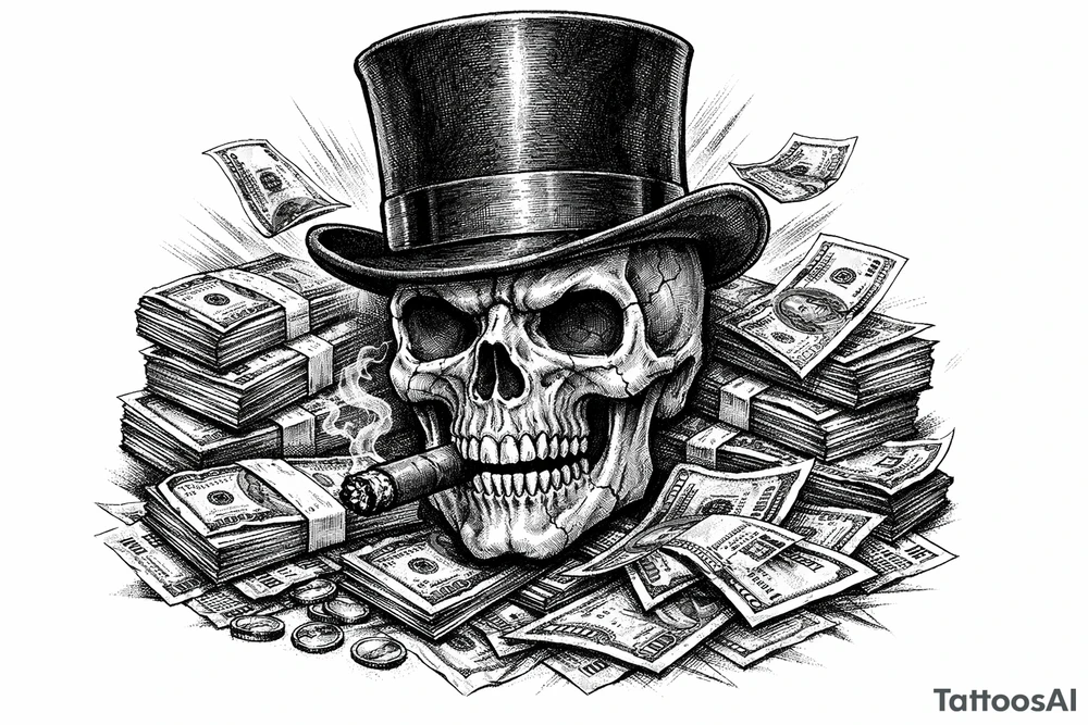 skull with cigar in mouth,top-hat,surrounded by money. tattoo idea