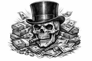 skull with cigar in mouth,top-hat,surrounded by money. tattoo idea
