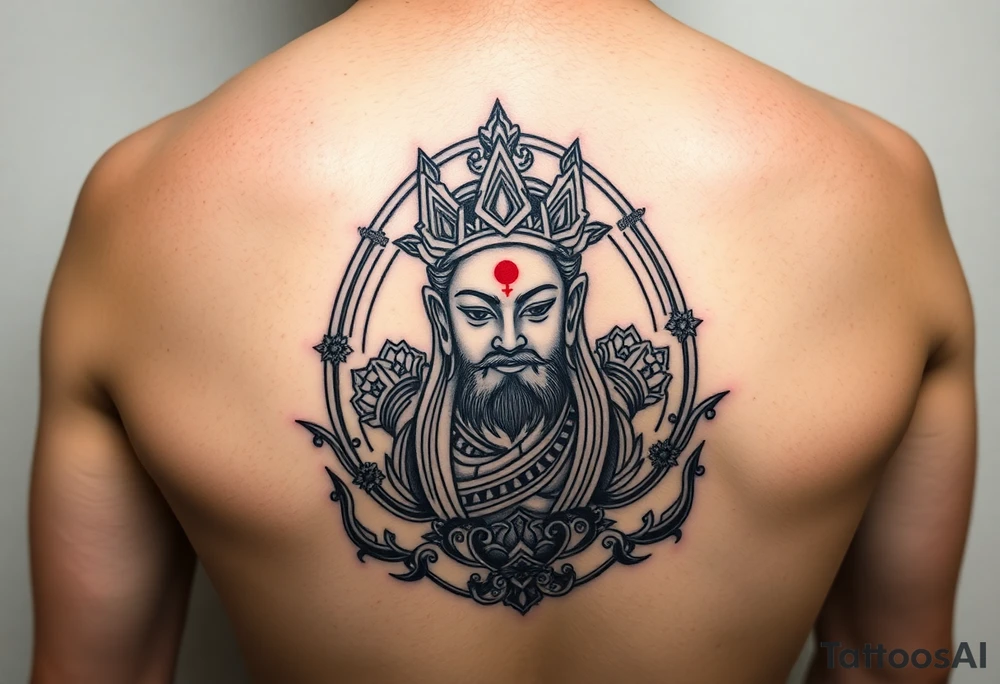 "Tibetan thangka tattoo but deity is a crypto wallet with QR face. Geometric patterns, black/red ink." tattoo idea