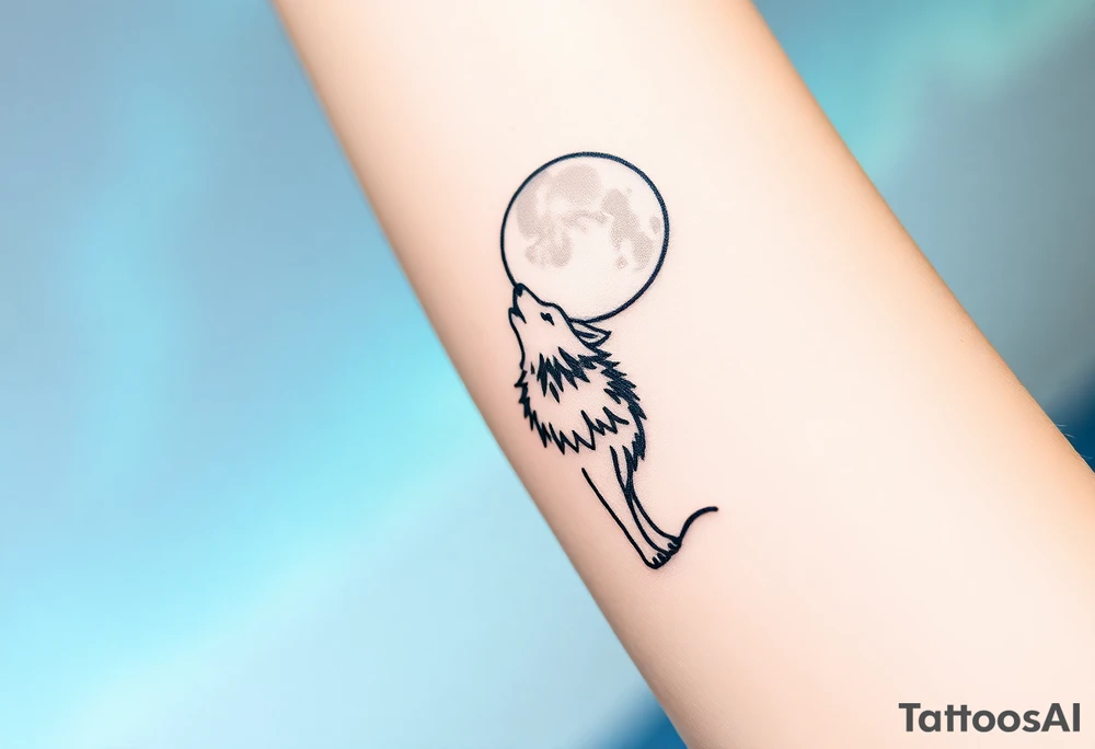 lone wolf howling at full moon with northern lights backdrop tattoo idea