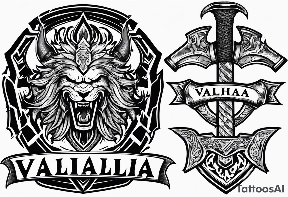 valhalla on fire
sword shield axe tattoo idea
