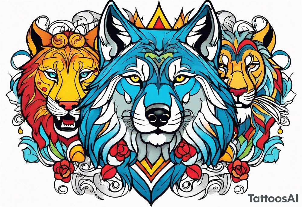 A powerful wolf with lions main tattoo idea
