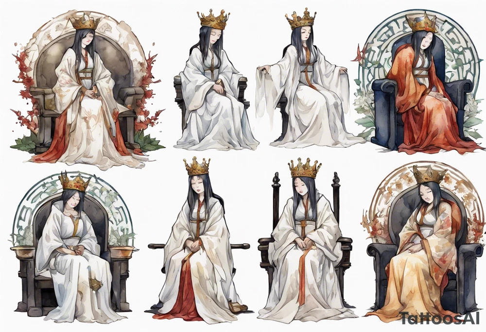 medieval queen dressed in white robes, weeping on throne tattoo idea