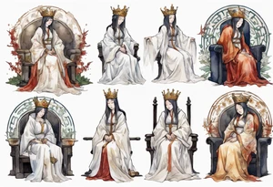 medieval queen dressed in white robes, weeping on throne tattoo idea