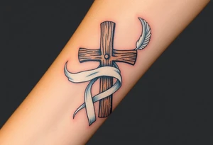 A rustic wooden cross wrapped in a flowing white ribbon, with white dove feathers scattered around. tattoo idea